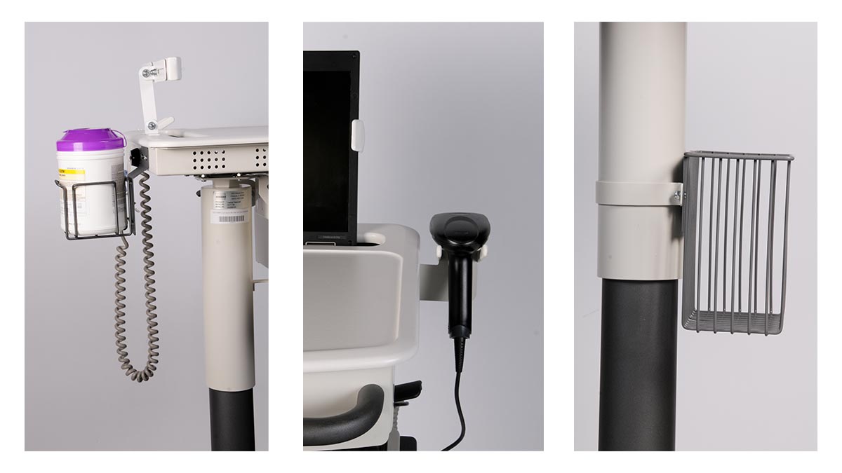 Medical Laptop Cart Accessories; Sani-Wipe Mount, Barcode Scanner Mount, and Basket