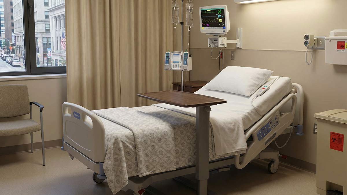 Hospital Bed Table in Patient Room with other Furniture
