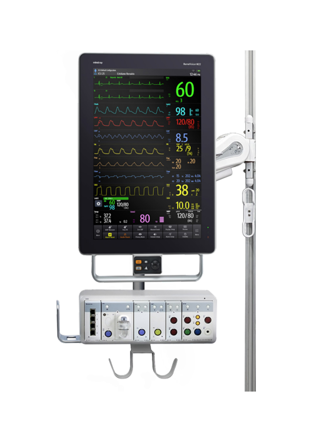 Mindray monitor machine on headwall rail mount
