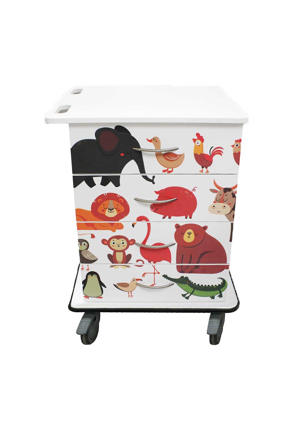 NICU supply cart with pattern design animals on medical cart