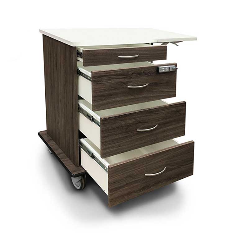 Brown case supply medical cart with lock, flip up, and drawers