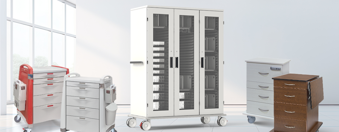 Different types of medical supply carts in healthcare facility