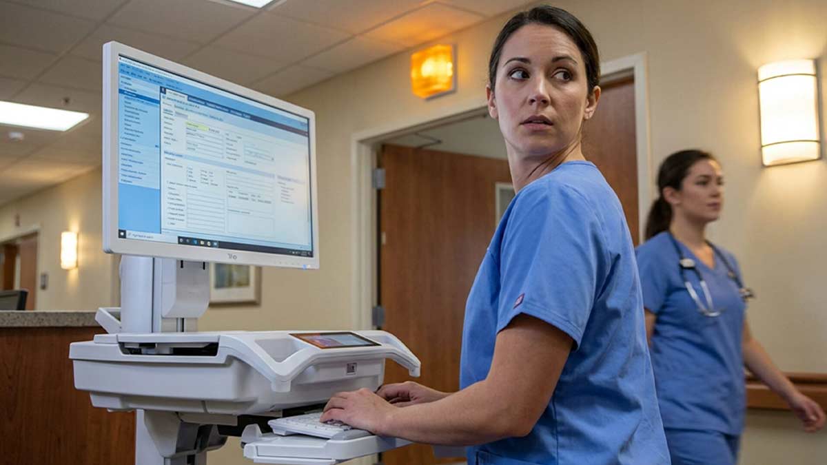 medical-computer-cart-on-wheels Nurse sitting and charting at medical computer cart on wheels