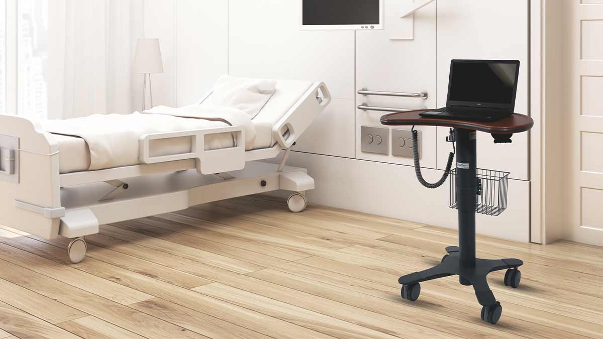 medical-laptop-carts-hospital Brown medical laptop cart in hospital room