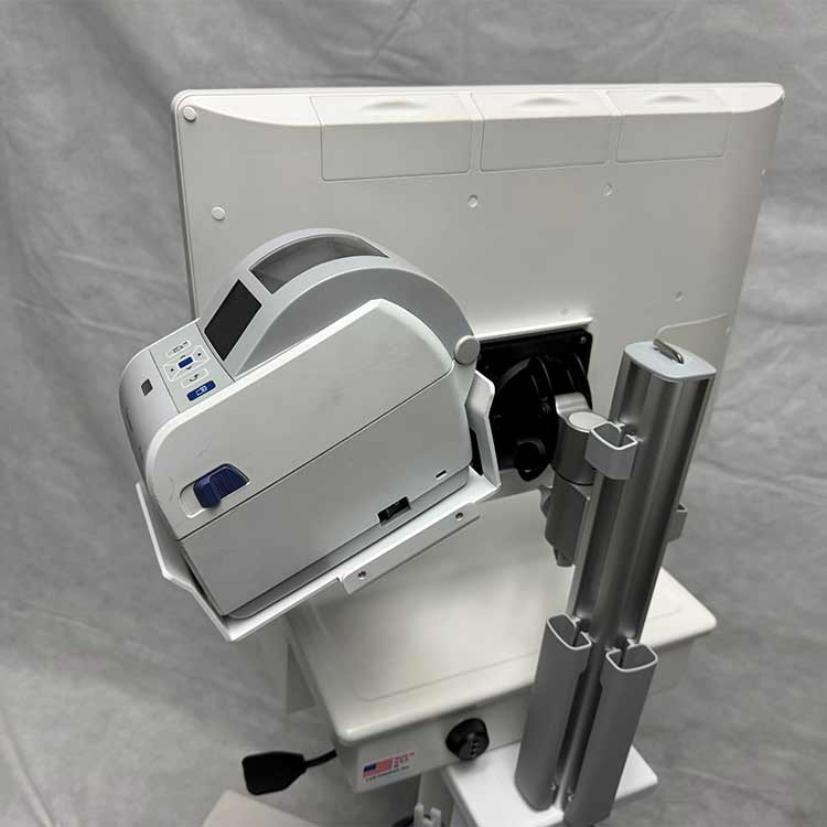 vesa-mounted-label-printer-bracket-intermec-zebra VESA mounted label printer bracket on computer cart